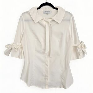 Anne Fontaine Tie Neck Cream Button Up Top, 10
